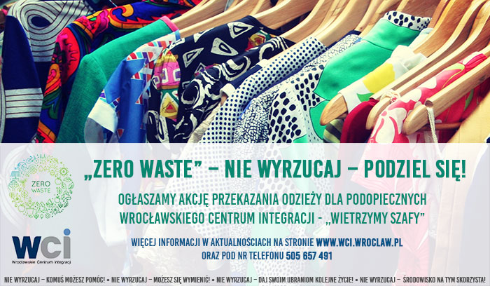 Baner przestawiający odzież wiszącą na wieszakach, logo Zero Waste, logo WCI oraz krótką informację o akcji